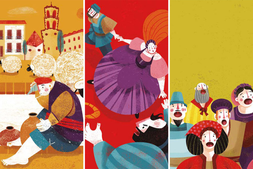 Collage of three images from the storybook adaptation of Fuenteovejuna