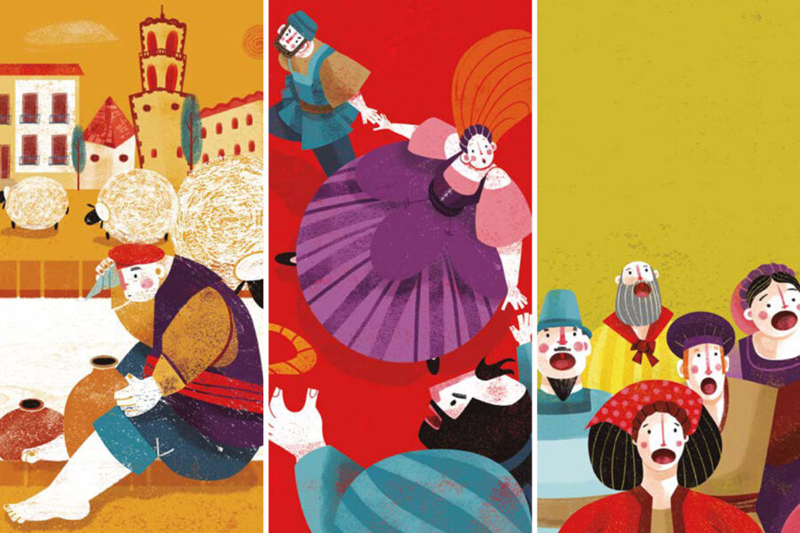 Collage of three images from the storybook adaptation of Fuenteovejuna