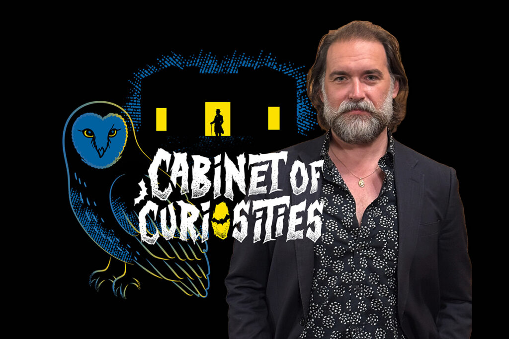 Derek Christian Quezada Meneses with dark background and Cabinet of Curiosities podcast artwork