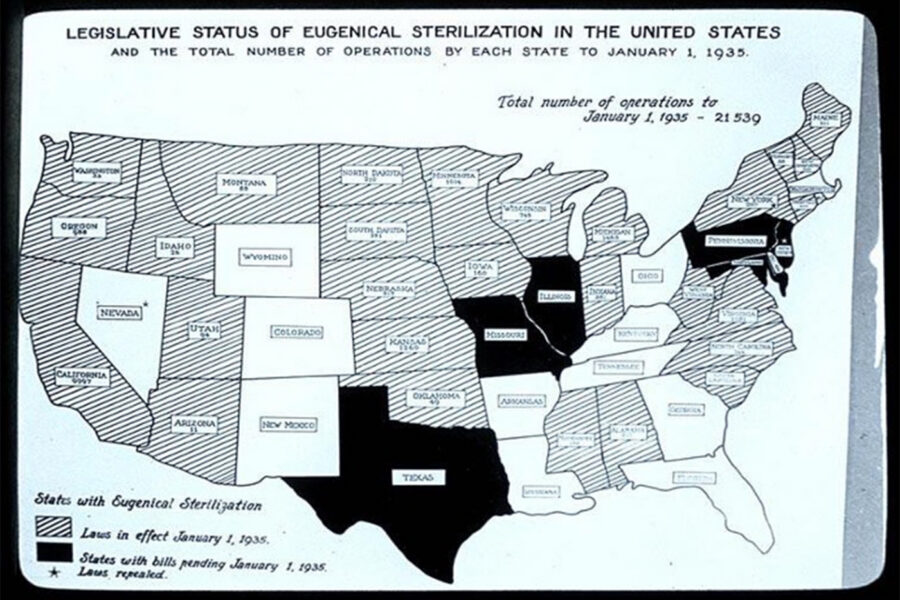 1935 map showing the status of eugenic sterilization laws across the United States.