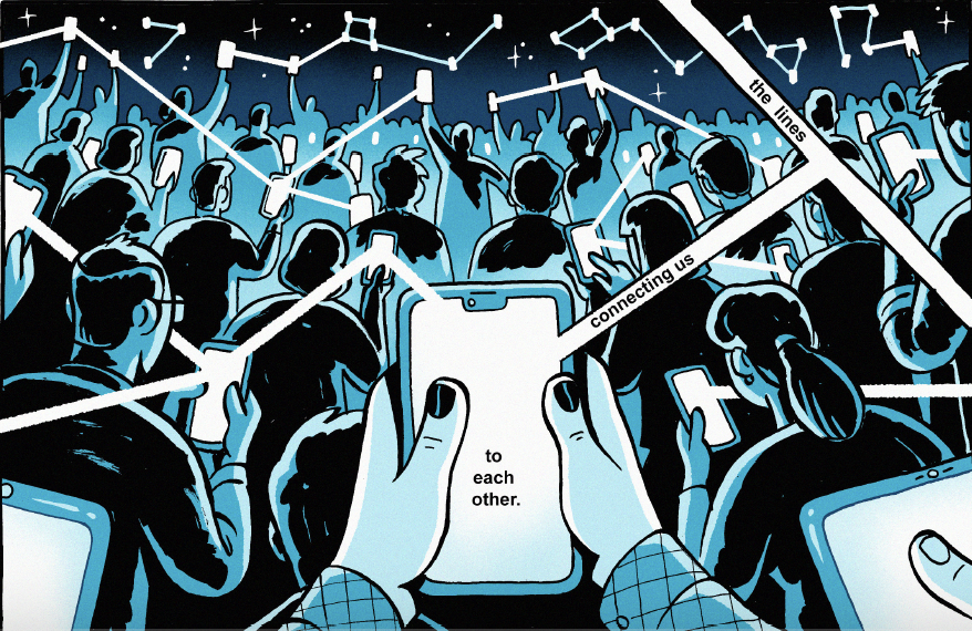 Comic-style drawing of several people from behind holding cellphones with lines connecting them