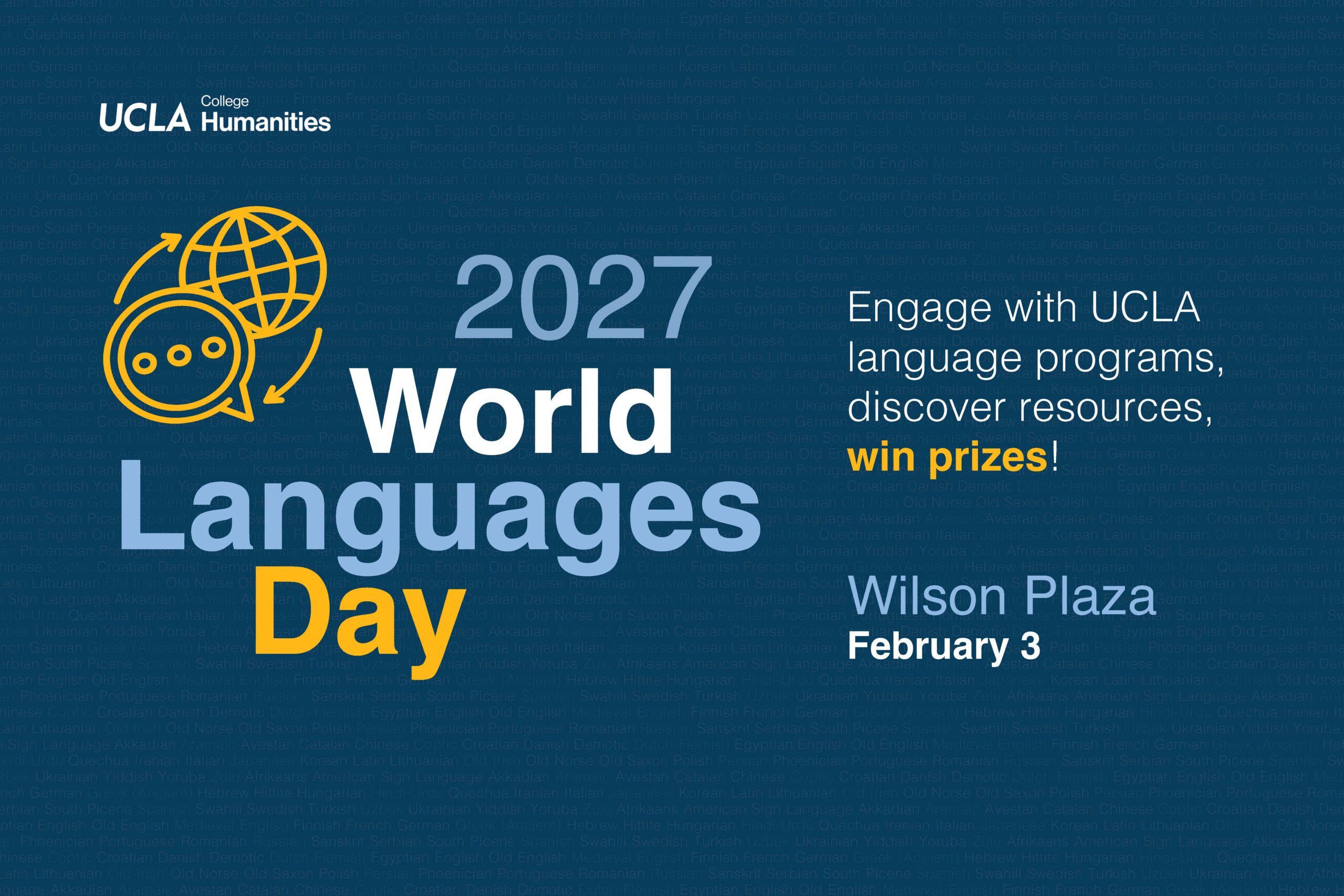 2027 World Languages Day event graphic with globe/speech bubble icon on dark background